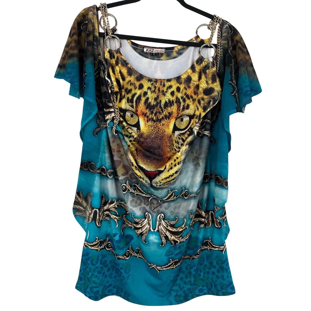 Kokomo Unlimited Y2K Leopard Baroque Chain Cold Shoulder Tunic Top Turquoise XL